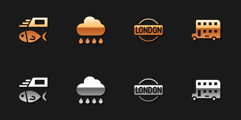 Poster - Set Fish and chips, Cloud with rain, London sign and Double decker bus icon. Vector