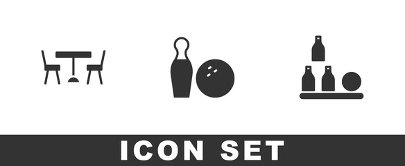 Sticker - Set Picnic table with chairs, Bowling pin and ball and Bottles icon. Vector