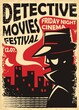 © lukeruk - Detective movies film festival retro poster template with secret agent silhouette and city skyline. Vintage sign for cinema event. Spy, crime, mystery and thriller movies vector illustration.
