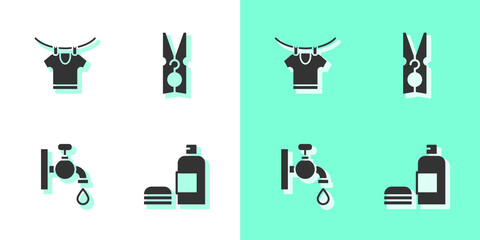 Canvas Print - Set Bottle of shampoo, Drying clothes, Water tap and Clothes pin icon. Vector