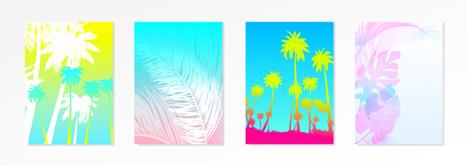 Colorful Summer banners, tropical backgrounds set with palms, sea, clouds, sky, beach. Beautiful Summer Time cards, posters, flyers, party invitations. Summertime, template collection.