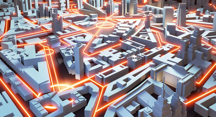 Canvas Print - 3D Render Abstract city. City plan, streets and skyscrapers with neon traffic lights effect