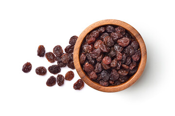 Flat lay of Raisins in wooden bowl isolated on white background.