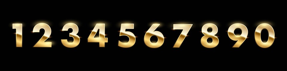 Wall Mural - Golden numbers from zero to nine set on black background. Gold one, two, three, four, five, six, seven, eight, nine vector illustration. Colorful numerical signs design for date or anniversary