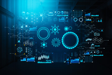 Poster - Digital hud with gears and diverse glowing icons, stock market