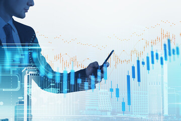 Poster - Office man with phone and graph changes with skyscrapers