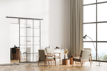 White living room interior with armchairs, window and parquet floor