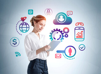 businesswoman with tablet and network data icons on background