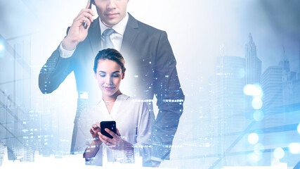 Poster - Business people with devices on blurred background of skyscrapers