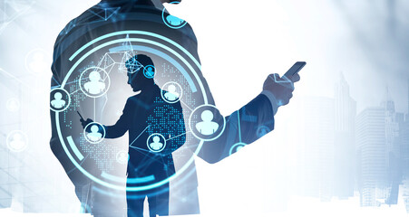 Poster - Businessman with phone in hand, data symbols with network circuit