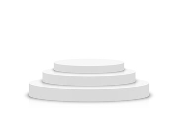 Poster - White 3d podium mockup in circle shape. Empty stage or pedestal mockup isolated on white background. Podium or platform for award ceremony and product presentation. Vector