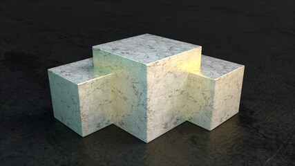 Poster - Triple square 3d render podium made natural stone for design presentations. Realistic sealed cubes with wavy light reflections floor. Luxurious layout for advertising elite products.