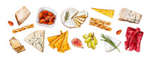 Various Types Of Cheese And Snacks. Blue Cheese, Parmesan, Bread Sticks, Almonds, Bacon, Grapes Isolated On White Background. Hand Painted Watercolor Hand Drawn Illustration. Healthy Food 