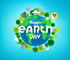 Poster - Happy Earth day banner with trees on the Earth. Cartoon style 3d vector illustration