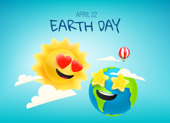 Poster - Happy Earth day vector banner with comic sun and Earth