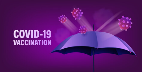 Poster - Covid-19 vaccination concept. Coronavirus illustration with umbrella, virus moleculas and inscription