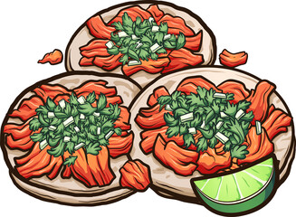 Wall Mural - Mexican cartoon tacos al pastor with onions and cilantro. Vector clip art illustration with simple gradients. All on a single layer.
