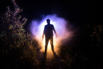 Wall Mural - strange light in a dark forest at night. silhouette of person standing in the dark forest with light