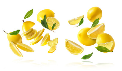 Wall Mural - creative image with fresh lemons falling in the air, zero gravity food conception