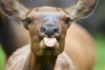 elk cow sticks her tongue out