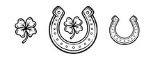 Clover And Horseshoe Objects, Hand Drawn Illustration. Symbols Of Good Luck. Vector Clip Art