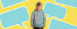 high school boy on yellow background with chat boxes. teenager with speech bubble and copy space for your text. back to school background