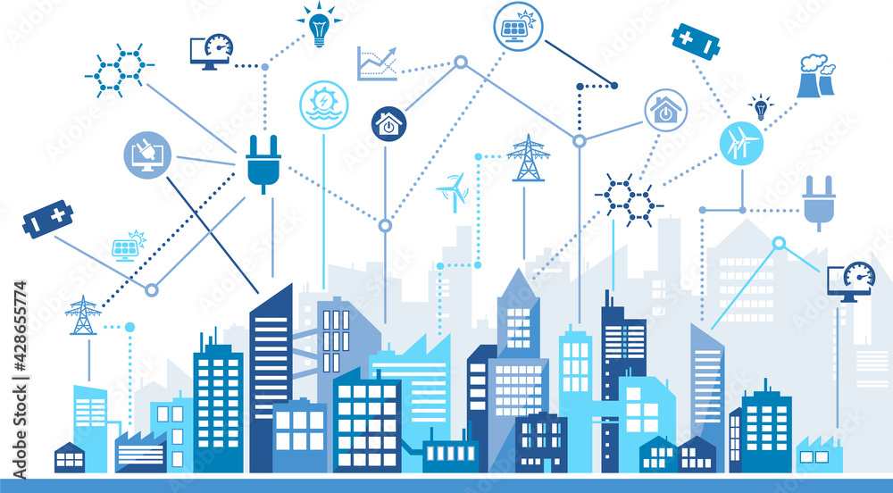 Smart grid vector illustration. Concept with city background and icons ...
