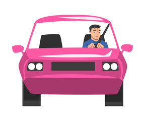 Sticker - Man Riding Pink Car, Front View of Cheerful Male Driver Driving Vehicle Cartoon Vector Illustration