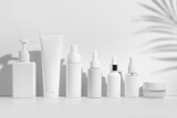 mockup of beauty fashion cosmetic makeup bottle lotion product with skin care healthcare concept on palm leaf coconut tree background