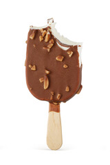 Wall Mural - Bitten ice cream bar with chocolate coating and nuts isolated.