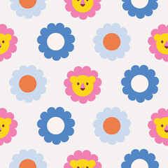 Canvas Print - Daisy polka dot seamless pattern with bright circles and lion cute face.