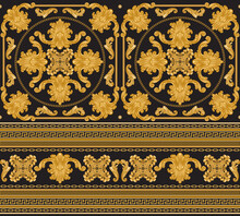 Seamless Border Pattern Print On A Black Background, Gold Chains And Cables, Greek Meander Frieze, Baroque Scrolls And Golden Pearl Shell. Scarf, Neckerchief, Kerchief, Carpet, Rug, Mat Frieze