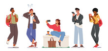 Set Of Young Characters With Phones, Teens Smartphone Communication Concept. Youth Men And Women Holding Mobiles