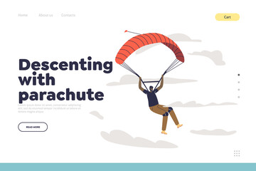 Wall Mural - Descending with parachute concept of landing page with professional parachutist skydive