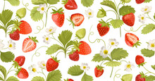 Strawberry Background With Flowers, Wild Berries, Leaves. Vector Seamless Texture Illustration For Summer Cover