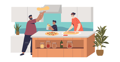 Wall Mural - Happy family cooking pizza at together: mom, dad and son preparing italian dish for family dinner