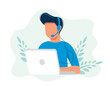 © makyzz - Customer service landing page. Man with headphones and microphone with laptop. Concept illustration for support, assistance, call center. Vector illustration in flat style