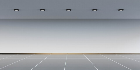 Poster - abstract futuristic room wall with black tiled floor and spot lamps 3d render illustration