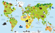 Funny Cartoon World Map In Spanish With Traditional Animals Of All The Continents And Oceans. Vector Illustration For Preschool Education And Kids Design