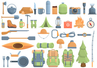 Poster - Equipment for hike icons set. Cartoon set of equipment for hike vector icons for web design