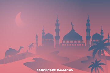 Wall Mural - landscape mosque camel dessert ramadan kareem islamic