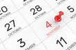 © Berk - 3d rendering of important days concept. November 4th. Day 4 of month. Red date written and pinned on a calendar. Autumn month, day of the year. Remind you an important event or possibility.