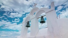 Sunny Day Santorini Island Oia Town Bell Coastline Panorama Timelapse 4k Greece