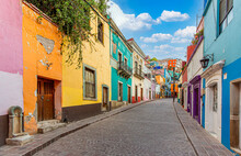 Guanajuato, Mexico, Scenic Cobbled Streets And Traditional Colorful Colonial Architecture In Guanajuato Historic City Center.