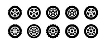 Black Rubber Wheel Tire Set Icon Illustration.