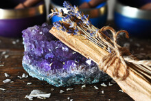 A Close Up Image Of Sacred Smudge Stick With Dried Lavender And Amethyst. 