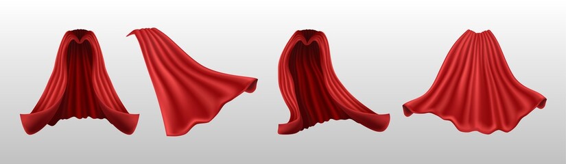 3d realistic vector red cape front and side view and back, isolated on white background.