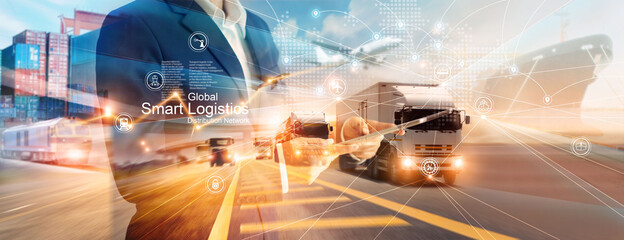 Poster - Smart logistics and transportation. Businessman use tablet and analyzing on logistic global network distribution on world map background. Technology. Business of transport and industrial.