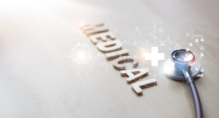 Wall Mural - stethoscope with icon healthcare and medical global network on wooden background.