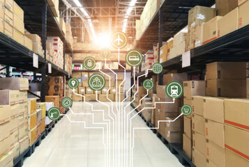Aufkleber - Logistics network Wholesale and Retail. Icon of marketing and process channels transport and logistic on warehouse background.
